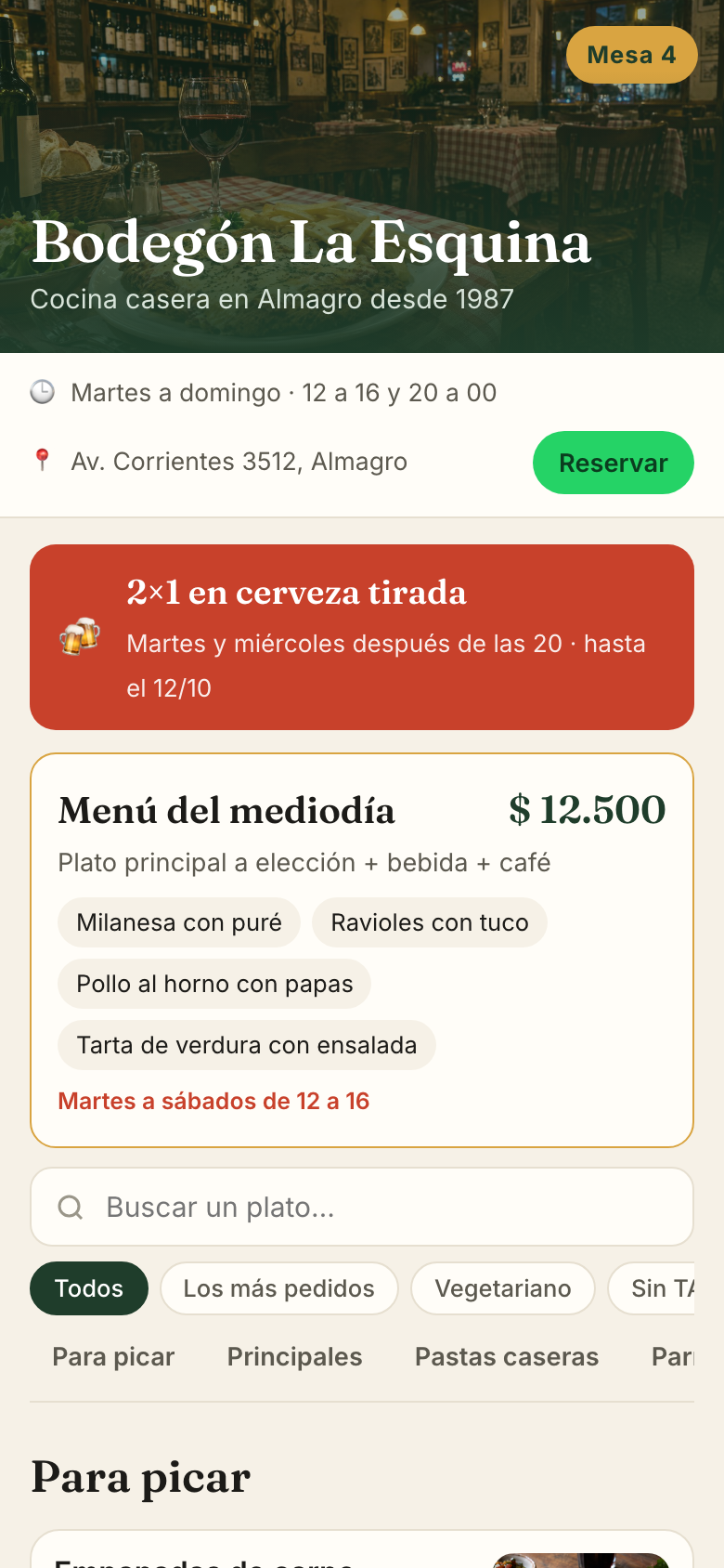 La carta en el celular del cliente